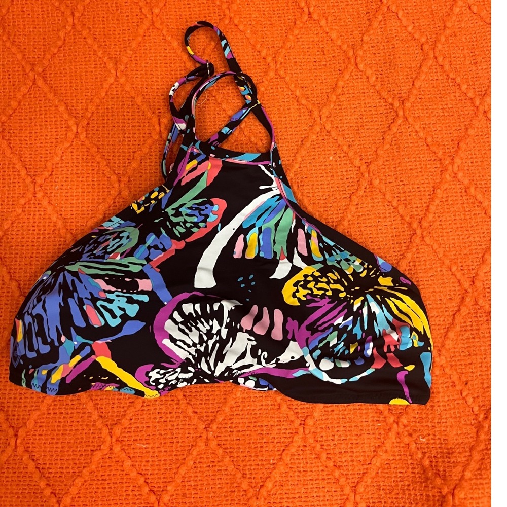 Vera Bradley Bikini Top Womens Small S 4/6 Black Multi Floral Good High Neck